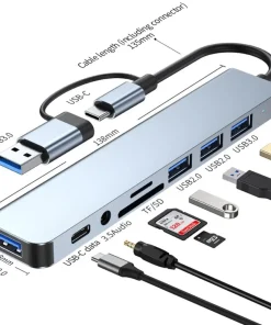 Adaptador USB-C 8 en 2 con 4 puertos USB, 1 puerto USBC, lector de tarjetas TFSD, salida de audio