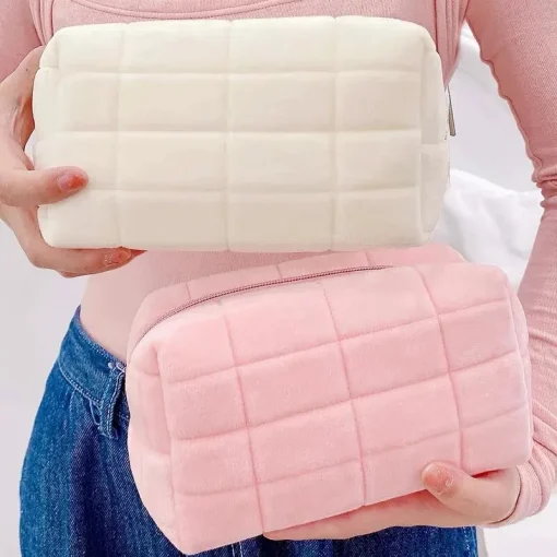 Bolsa Organizadora Cosmética de Peluche Sólido, Estuche para Maquillaje con Cremallera