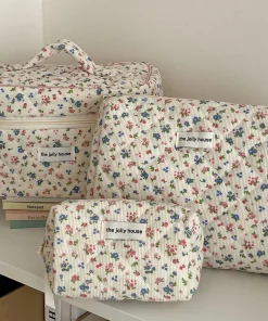 Bolsa de maquillaje de algodón para mujer estampada de flores