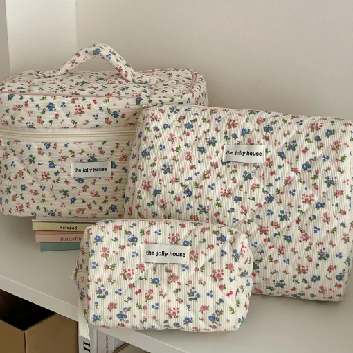 Bolsa de maquillaje de algodón para mujer estampada de flores