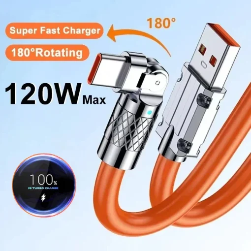 Cable de datos USB tipo C de carga rápida 120 W 6 A 180°