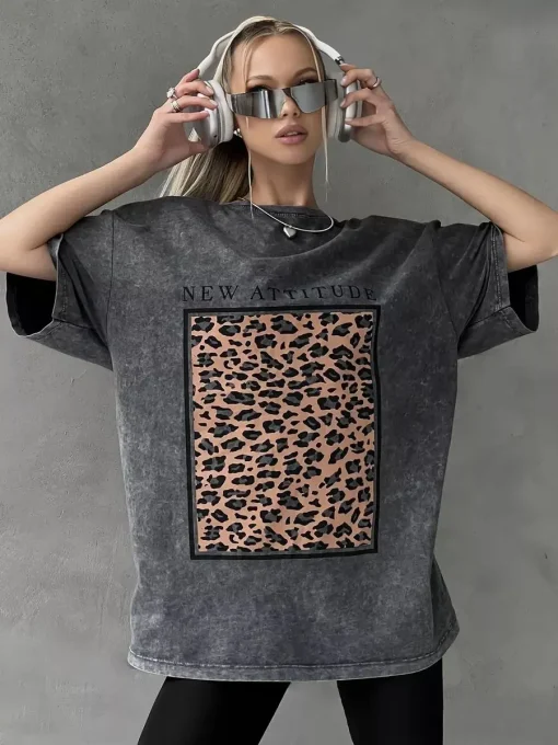 Camiseta de Algodón para Mujer, Moda Nueva, Estampados Leopardo