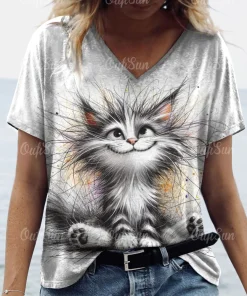 Camiseta de mujer de verano con estampado de gato, manga corta, 3D