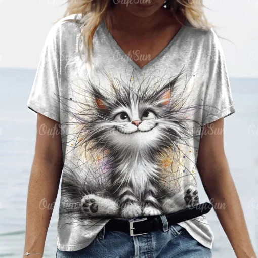 Camiseta de mujer de verano con estampado de gato, manga corta, 3D