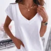 Camiseta de mujer sexy con cuello en V, manga corta, transpirable, sencilla, blanca, unicolor