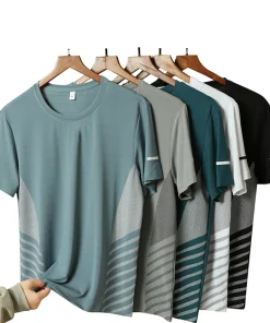 Camiseta para correr hombre, verano, seda helada, fina, con estampado reflectante, secado rápido, manga corta, transpirable, fitness