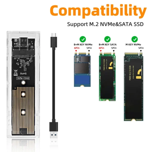 Carcasa SSD M.2 NVMe PCIe NGFF SATA de doble protocolo USB Type-C transparente, 10 Gbps