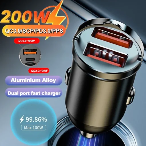 Cargador USB mini de 200w de doble puerto para coche