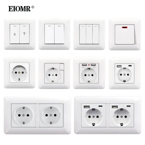 Combinación de interruptor de pared para toma de corriente de la UE de EIOMR con Puerto de carga USB tipo C 2,1 A Toma de corriente España Rusia Panel de PC blanco