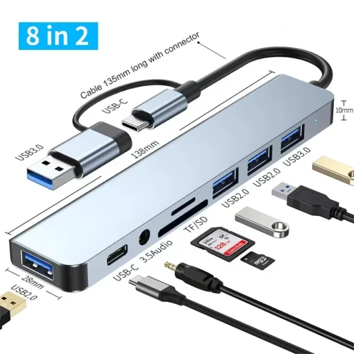 Concentrador USB 8 en 2 con lector de tarjetas,