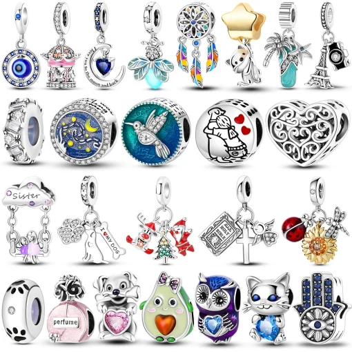 Cruces de luciérnagas gatos con baño de plata dijes búhos atrapasueños compatibles con brazalete Pandora original