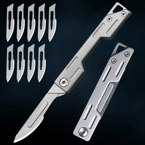 Cuchillo plegable, acero inoxidable, 9 hojas reemplazables