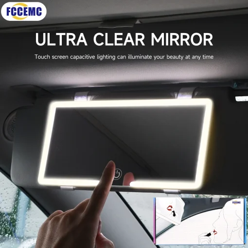 Espejo de maquillaje HD para coche con visera y luz recargable