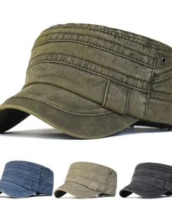 Gorras Militares Ajustables de Algodón Lavado Informal con Top Plano