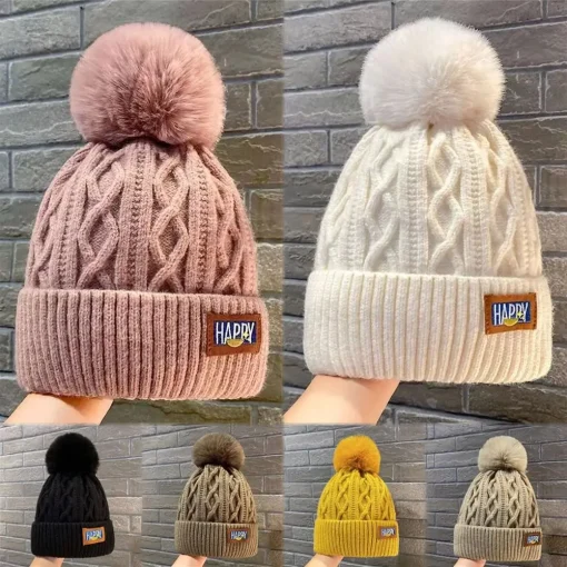 Gorro cálido de invierno para mujer, gorro de pelo de pompón con estilo