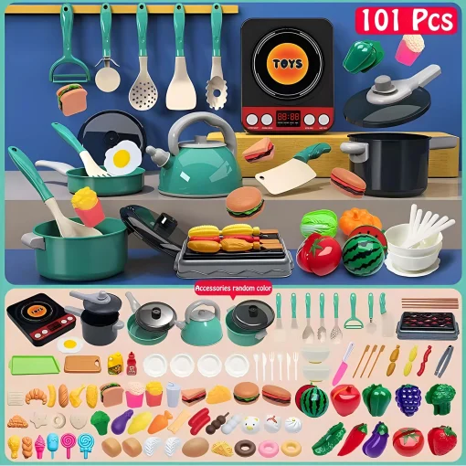 Juego de cocina colorido con juguetes de frutas y verduras