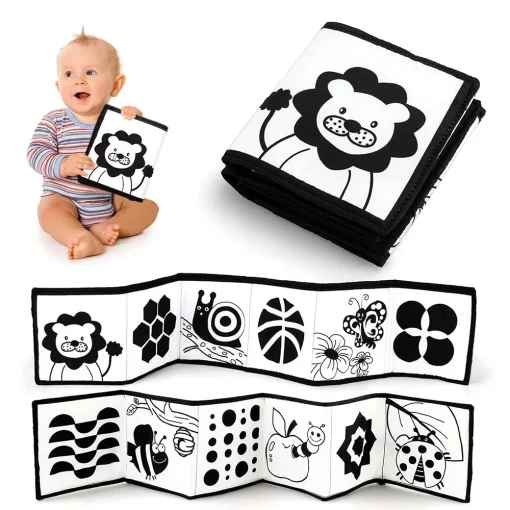 Libro Montessori de tela para bebés en blanco y negro