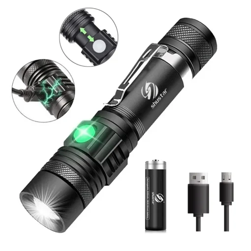 Linterna de camping con zoom LED de alta potencia con lámpara T6, impermeable, 4 modos de iluminación, cargador USB multifunción