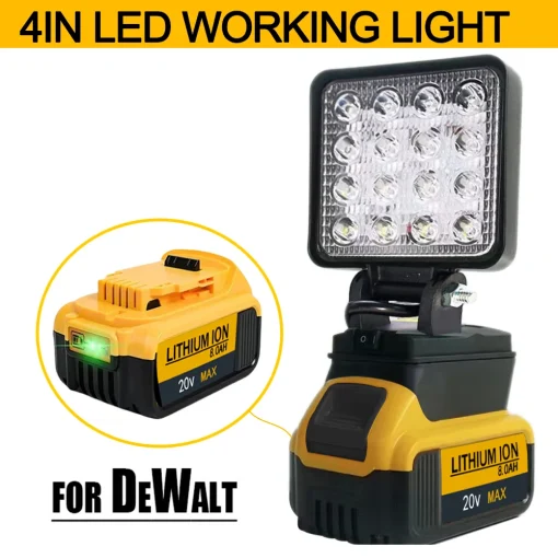 Luz LED portátil de trabajo exterior sin cable, herramienta de emergencia, 18 V, Batería DeWalt, sin batería ni USB