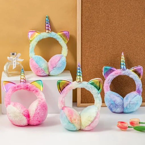 Orejeras de felpa suave de unicornio colorido para niños