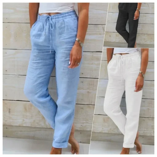 Pantalones de lino verano mujer talla alta