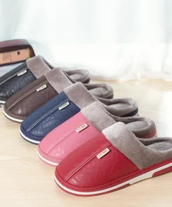 Pantuflas de piel sintética de PU para hombre y mujer, cálidas