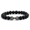 Pulsera abalorio de piedra volcánica natural, mate, negra con cuentas blancas, para hombre y mujer, joyería de fitness con barra