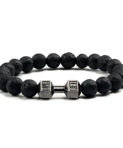 Pulsera abalorio de piedra volcánica natural, mate, negra con cuentas blancas, para hombre y mujer, joyería de fitness con barra