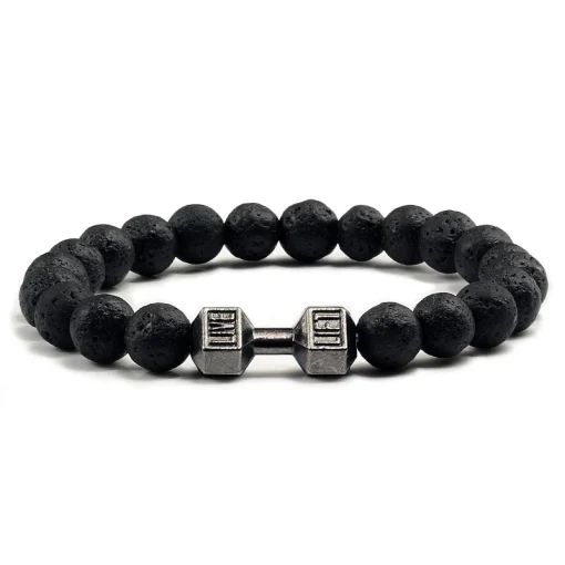 Pulsera abalorio de piedra volcánica natural, mate, negra con cuentas blancas, para hombre y mujer, joyería de fitness con barra