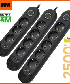 Regleta con 5 tomas y 4 USB, 2500W