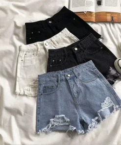 Shorts vaqueros azules casuales de talle alto con borlas para mujer en verano