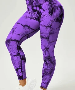 Suaves leggins de yoga con efecto tie dye fruncido para mujer