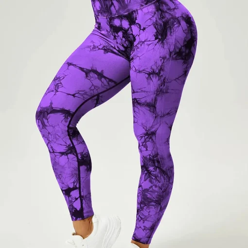 Suaves leggins de yoga con efecto tie dye fruncido para mujer