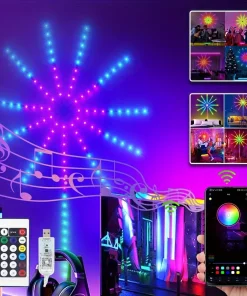 Tira LED USB, Fuegos artificiales, Luz LED, Decoración RGBIC, Luz de ambiente, Control por voz Bluetooth, Temporización, Música de barra