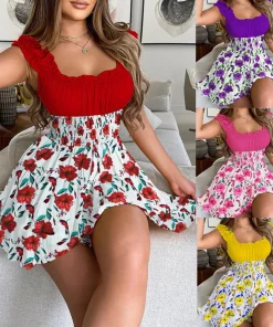 Vestido corto playero holgado con volantes sin mangas y cuello redondo para mujer