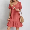 Vestido corto sólido de verano para mujer, bohemio informal, cuello en V, manga corta, volantes, suelto, línea A, minifalda elegante, fiesta en la playa, vestidos de calle