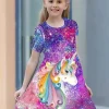 Vestido de Fiesta Casual de Manga Corta y Cuello Redondo con Estampado Digital de Unicornio Estrellado