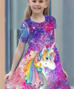 Vestido de Fiesta Casual de Manga Corta y Cuello Redondo con Estampado Digital de Unicornio Estrellado