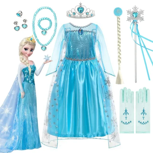 Vestido de princesa Elsa de Disney para niñas, Cosplay de manga larga