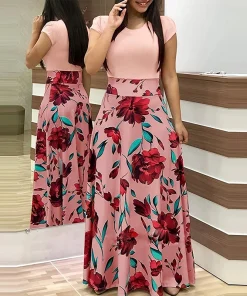 Vestido elegante con cuello a la caja y empalme estampado