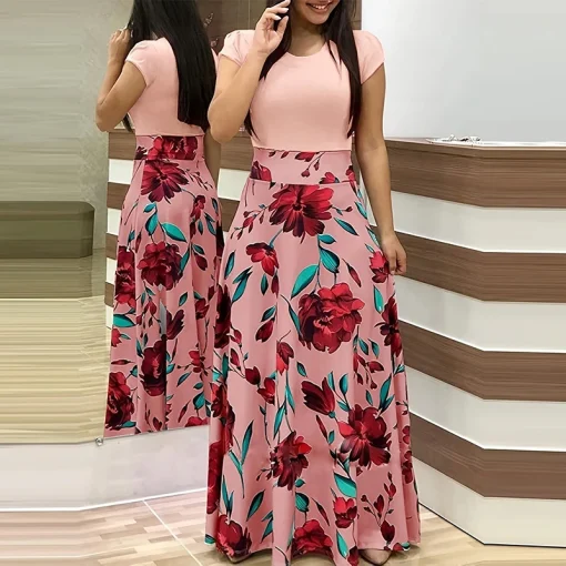 Vestido elegante con cuello a la caja y empalme estampado