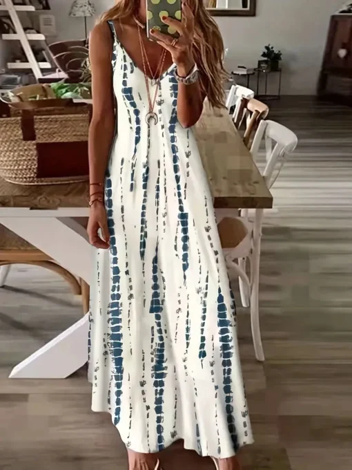 Vestido largo playero de tirantes con estampado de teñido anudado y cuello en V ancho e informal para mujer