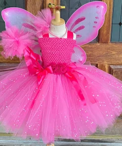 Vestido tutú de hada de mariposa rosa purpurina