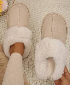 Zapatillas de algodón térmico de punta cerrada y peluche sintético para mujer