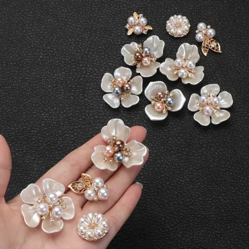 10 piezas, botones de diamantes de imitación, flor de perla