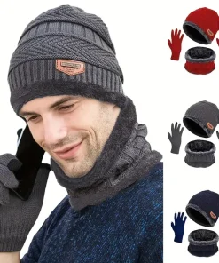 1Conjunto de gorro tejido cálido y suave forrado de felpa, bufanda y guantes con pantalla táctil 3 piezas, calentador perfecto para orejas y cuello