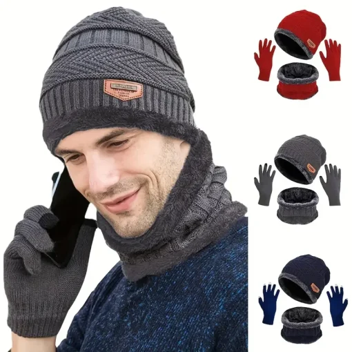 1Conjunto de gorro tejido cálido y suave forrado de felpa, bufanda y guantes con pantalla táctil 3 piezas, calentador perfecto para orejas y cuello