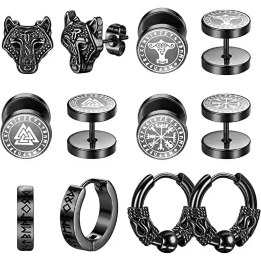 6 pares de aretes de espárrago redondos con runas vikingas de 18G