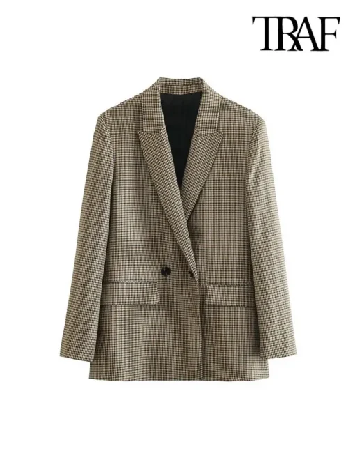 Abrigo blazer de cuadros con doble botonadura para mujer TRAF