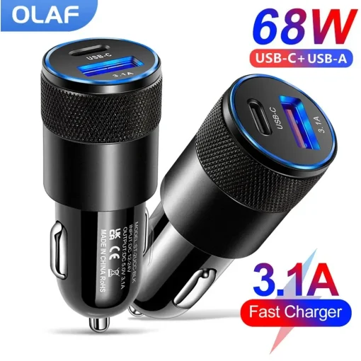 Adaptador coche USB tipo C Olaf, carga rápida, PD, 68W